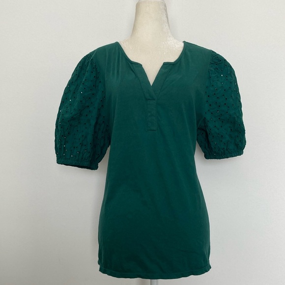 Amalfi Tops - Amalfi Emerald Color Top with Eyelet Balloon Sleeves